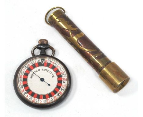 An Early XX Century Novelty Travelling Pocketwatch/Monaco Roulette Game, in gun metal case, the paper dial with red. white an