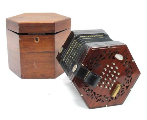 A Lachenal Refurbished Early XX Century Concertina, forty eight metal English system keys, fretwork ends, paper label, impres