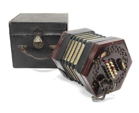 A Lachenal Early XX Century Concertina, forty eight bone English system keys, fretwork ends, paper label, the black box with 