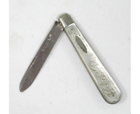 An Early XX Century Fruit Knife, with engraved mother of pearl scales and hallmarked silver blade, Sheffield 1902, 8cm (close
