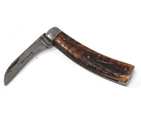 A Saynor &amp; Cooke Flat Bottom Pocket Pruning Knife, with stag scales, stamped 'Saynor' on blade and 'Saynor &amp; Cooke' o