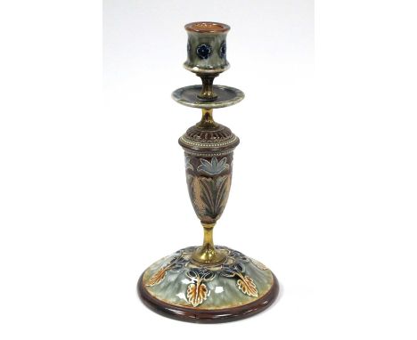 A Royal Doulton Stoneware Candlestick, with brass mounts, designed by Georgina White, signed in monogram with stylised flower