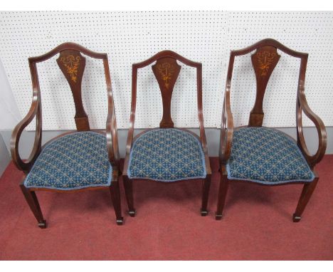 A Set of Three Children's Edwardian Mahogany Inlaid Chairs, (two armchairs, one single), with shaped top rails and splats wit