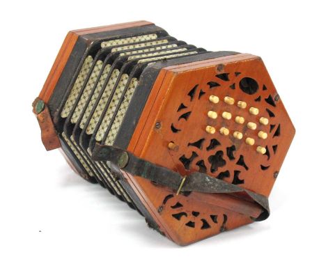 A Lachenal Early XX Century Concertina, with thirty bone Anglo system keys, fretwork ends, stamped "English Made", no box.1, 