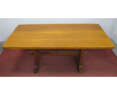 A Colin Almack 'Beaverman' Oak Refectory Table, with adzed rectangular top on a trestle base, carved beaver signature, 167cm 