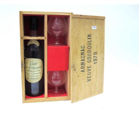 Armagnac - 1979 Vieux Bas-Armagnac Veuve J. Goudoulin, 70cl., 40% Vol., in wooden presentation box with two balloon glasses.