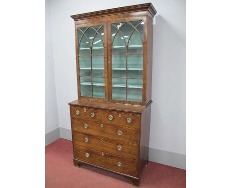 A XIX Century Mahogany Inlaid Bookcase, the top with stepped cornice over astragal glazed doors and three internal shelves, t