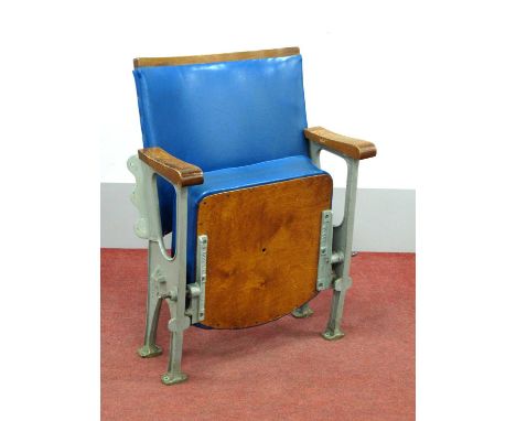 A Theatre Seat, wooden and metal framed No. 800/L/4, blue vinyl seat and back, single shelf to rear, 59cm wide.