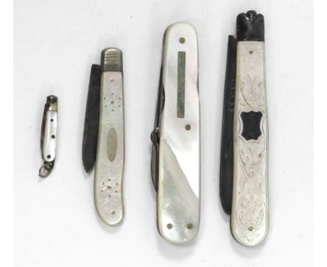 A Hallmarked Silver Fruit Knife, with mother of pearl scales and central cartouche, Sheffield 1899, 8.5cm long closed, anothe