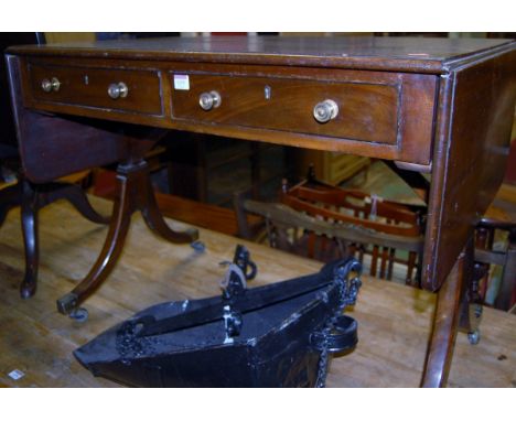 A circa 1900 Regency style mahogany drop flap two drawer sofa table, width (leaves down) 94cm