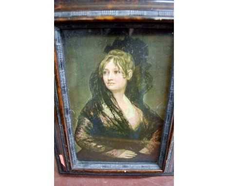 A pair of coaching prints, a reproduction portrait print, and a reproduction reverse painting on glass (3)