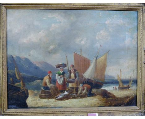 19th century English school - Bringing home the catch, oil on canvas (with patch repairs verso), 29 x 39cm 