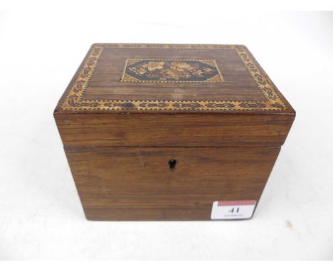 A 19th century rosewood and Tunbridge inlaid single compartment tea caddy, w.13cm 