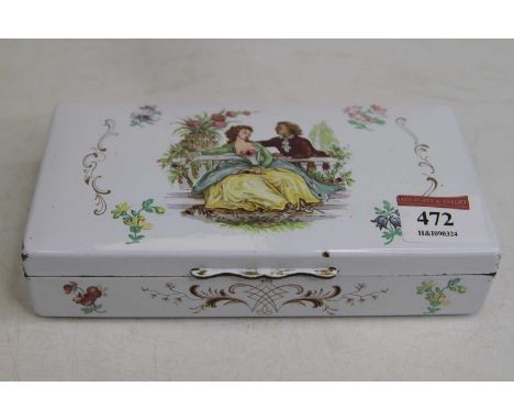 A Bilston enamel table cigarette box, the exterior decorated with a courting couple having a cedar lined interior, width 16.5