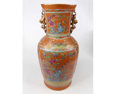 A Chinese Canton porcelain vase, enamel decorated with birds amongst flowers on an orange ground, h.44cm (a/f)Very poorly rep