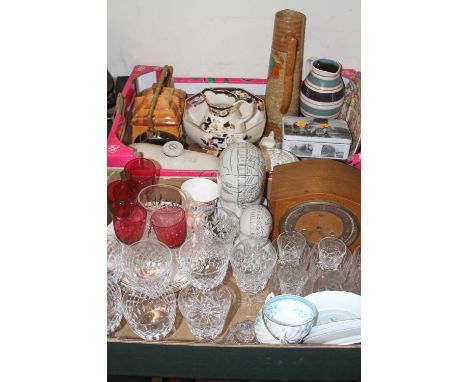 Two boxes of miscellaneous items, to include cut glass drinking glasses, early 20th century mantel clock, pottery etc 