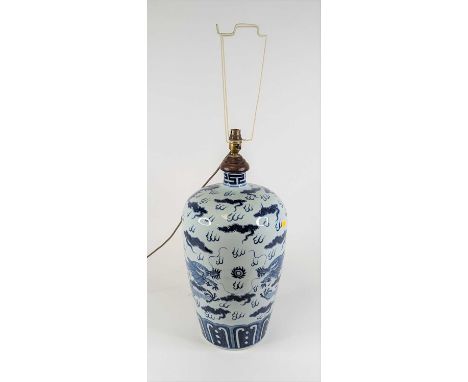 A Chinese blue &amp; white porcelain table lamp, underglaze decorated with a pair of five claw dragons chasing a pearl, heigh