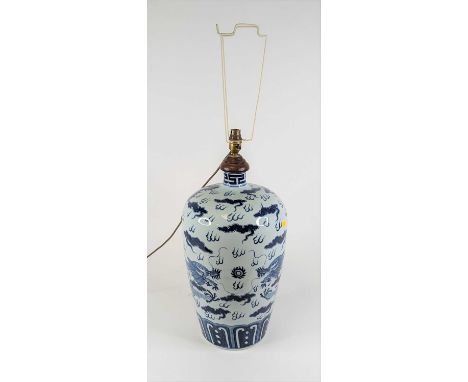 A Chinese blue &amp; white porcelain table lamp, underglaze decorated with a pair of five claw dragons chasing a pearl, heigh