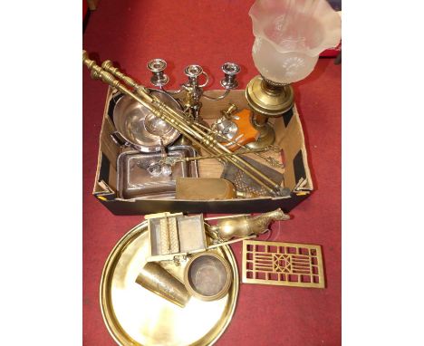 A collection of metalware, to include brass oil lamp, fire tools, and silver plated entree dish