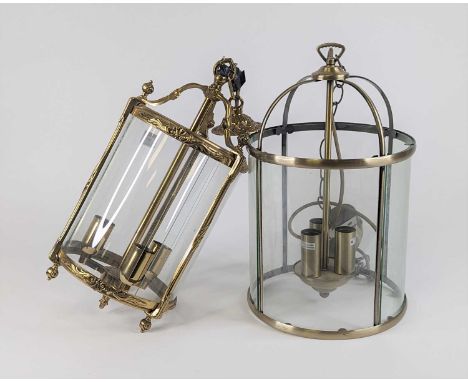 A glazed brass three-light hall lantern, of cylindrical shape, h.43cm; together with another 