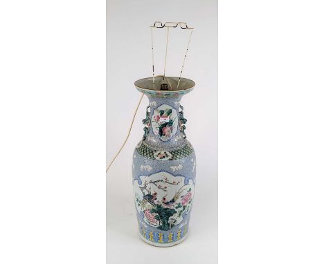 A Chinese Canton porcelain vase, converted to a table lamp (a/f) height excluding fittings 61cmLarge crack to top.The vase ha