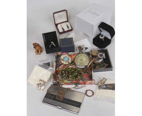 A box of sundry costume jewellery, ring boxes, enamel lapel badges etc