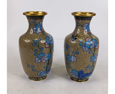 A pair of Chinese cloisonne enamel vases, each decorated with birds amongst flowers, h.18.5cm  