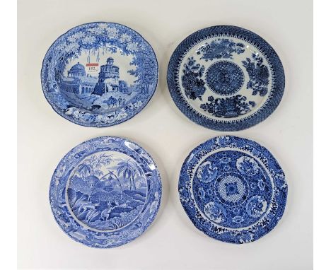 A Spode Indian Sporting series blue and white transfer decorated plate, dia.21cm; together with Rogers transfer decorated pla