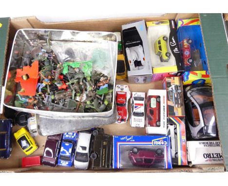 A collection of toys, to include Lone Star plastic soldiers and diecast vehicles