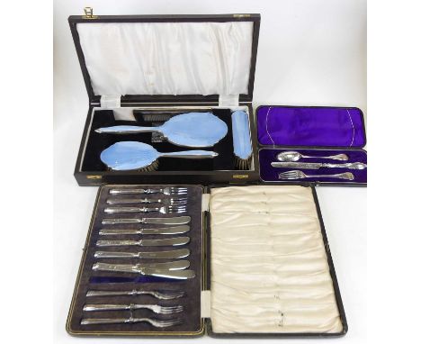 A Victorian silver three-piece christening set, comprising knife, spoon and fork, cased; together with an Art Deco style dres