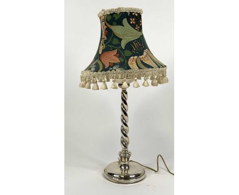 An early 20th century silver table lamp having a barley twist stem, Birmingham 1926, height 51cm including shadeStands well b