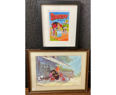 A Carl Giles motorbike print and a 1987 Dandy comic book cover print, framed