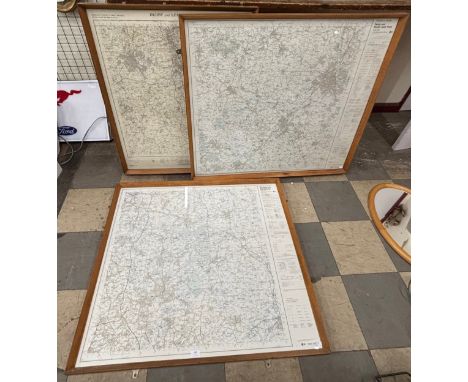 Three framed Ordnance Survey maps; Derby &amp; Leicester, Mansfield &amp; The Dukeries and Derby &amp; Burton upon Trent