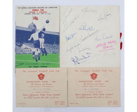 Liverpool FC shareholder, 1950 dinner menu with multiple signatures and a 1950 FA cup final programme. Front cover folded and