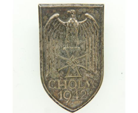 German pressed metal CHOLM 1942 arm shield. UK P&amp;P Group 0 (£6+VAT for the first lot and £1+VAT for subsequent lots) 