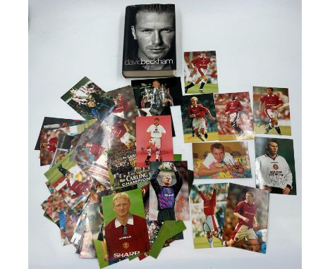 Collection of mixed Manchester United Football Club pictures, some are signed. and a signed copy of David Beckham My Side. UK