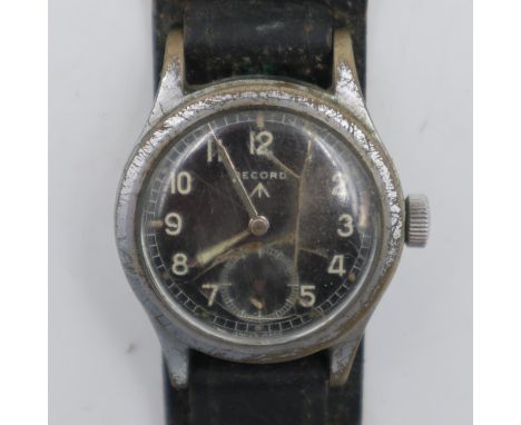 RECORD: A WWII British military issue stainless steel 'Dirty Dozen' wristwatch head, marked on caseback W.W.W., broad arrow, 
