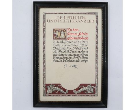 Pre-WWII German framed Golden Wedding Anniversary certificate From Adolf Hitler, the signature is printed. UK P&amp;P Group 1