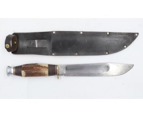 J Nowill &amp; Sons antler handled Bowie knife with leather sheath, overall L: 33 cm, Blade 20 cm, estimate on date is 1960s.