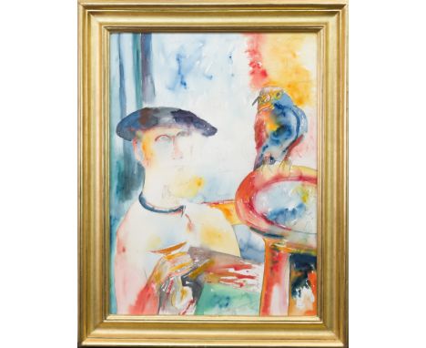 * JOHN BELLANY CBE RA HRSA (SCOTTISH 1942 - 2013),BELLS AFORE YOU GO - SELF PORTRAIT WITH BIRDwatercolour on paper, signed75c