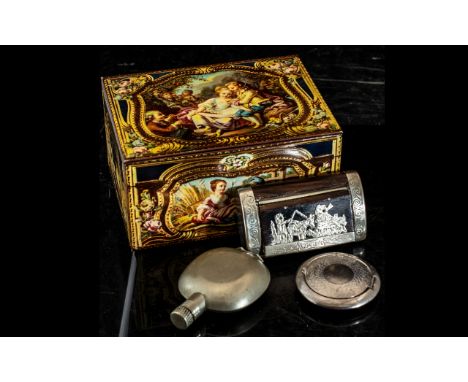 Collection of Four Snuff Boxes, comprising a rosewood French 'La Jurassiene' with white metal top depicting a farmer ploughin