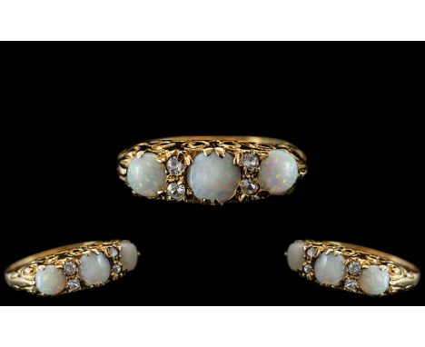 Antique Period Style and Attractive 9ct Gold - 3 Stone Opal and Diamond Set Ring. Gallery Setting. Full Hallmark for 9.375. L