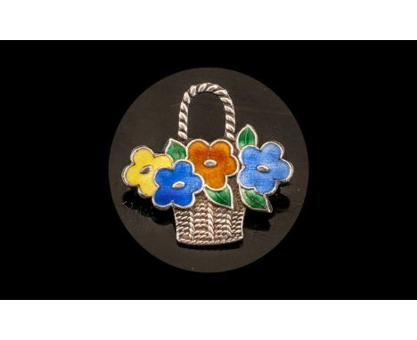 Enamel Brooch Set in Silver, flowers in a basket design enamel on silver, lovely quality and condition throughout.  Marked fo