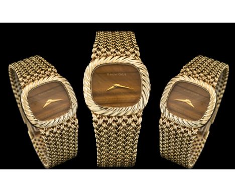 Bueche Girod - Pleasing Ladies 9ct Gold Fashion Wrist Watch with Chain Mail Designed Attached Watch Strap. c.1980's. Full Hal