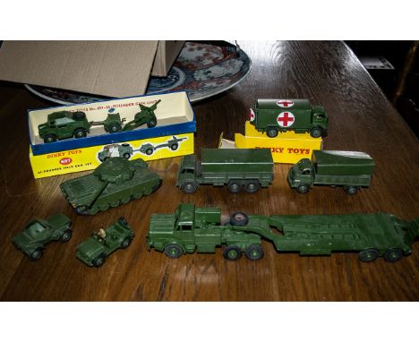 Collection of Die Cast Dinky Models, to include a 697 15 Pounder Field Gun Set, 651 Centurian Tank, 660 Tank Transporter, Aus