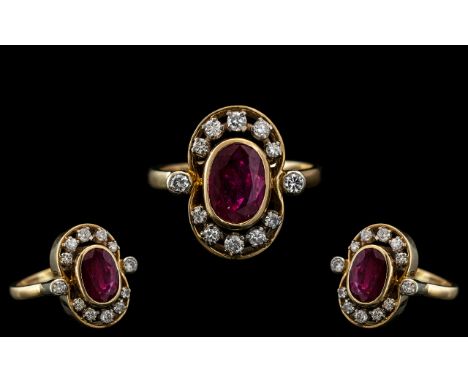 Ladies 14ct Gold - Attractive Ruby and Diamond Set Dress Ring, Marked 14ct to Interior of Shank. The Central Faceted Ruby of 