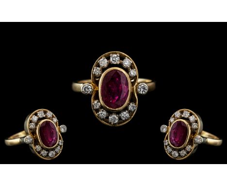 Ladies 14ct Gold - Attractive Ruby and Diamond Set Dress Ring, Marked 14ct to Interior of Shank. The Central Faceted Ruby of 