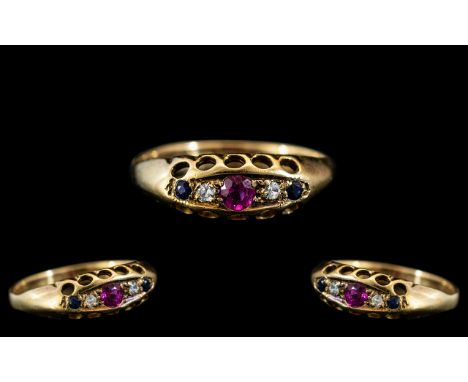 Victorian Period - Attractive 18ct Gold 5 Stone Ruby Diamond and Sapphire Ring, Gallery Setting. Wonderful Pink - Red Natural