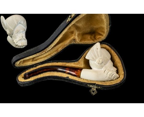 Meerschaum Pipe In Fitted Case Showing A Bearded Man Wearing A Decorative Turban, Amber Mouthpiece. 