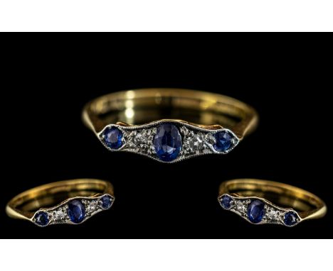 18ct Gold Platinum 1920's Exquisite Sapphire and Diamond Set Dress Ring of Petite Form marked 18ct and platinum to interior o